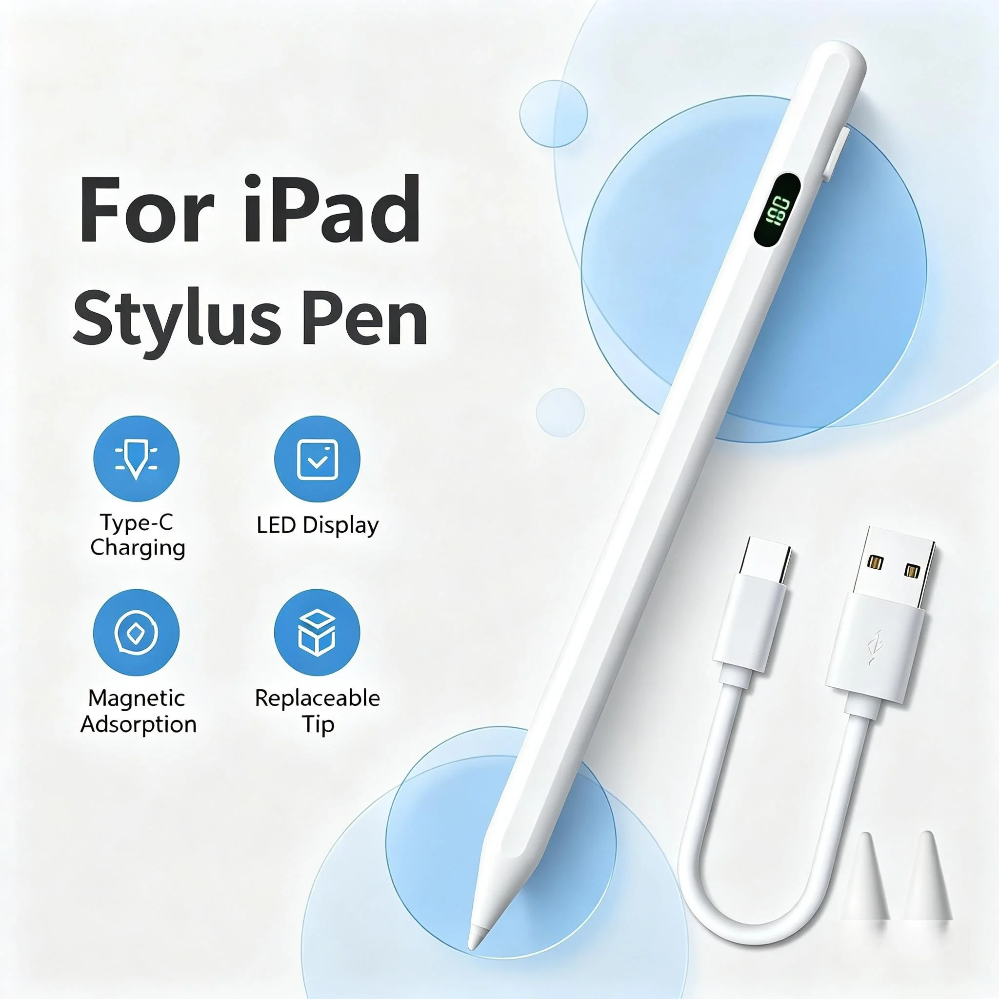 Touch Pen with Tilt Support Palm Rejection for iPad Pro Air Mini 10th 11th 2018-2026 USB-C Charging Stylus Drawing Pen
