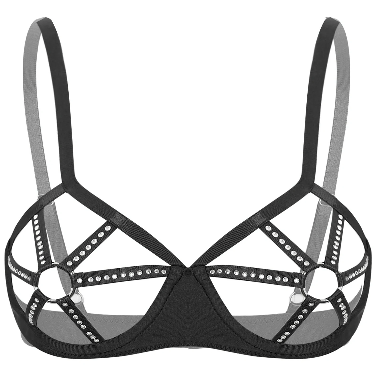 Womens See Through Bra Top Sexy Lingerie Rhinestones O-ring Cutout Cup Push Up Bras Underwire Exposed Brassiere Nightwear