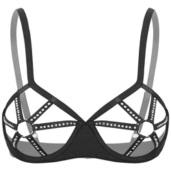 Womens See Through Bra Top Sexy Lingerie Rhinestones O-ring Cutout Cup Push Up Bras Underwire Exposed Brassiere Nightwear