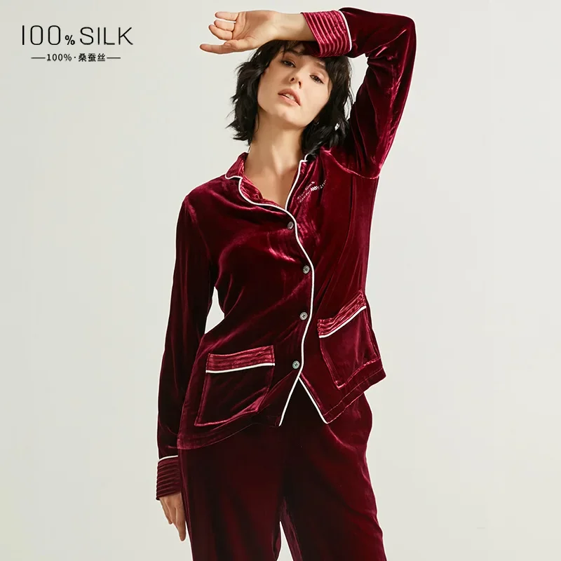 Women's Autumn Winter Silk Pajamas Set 100% Mulberry Silk Velvet Sleepwear Pajama Thickened Warm Cardigan Loungewear Outerwear