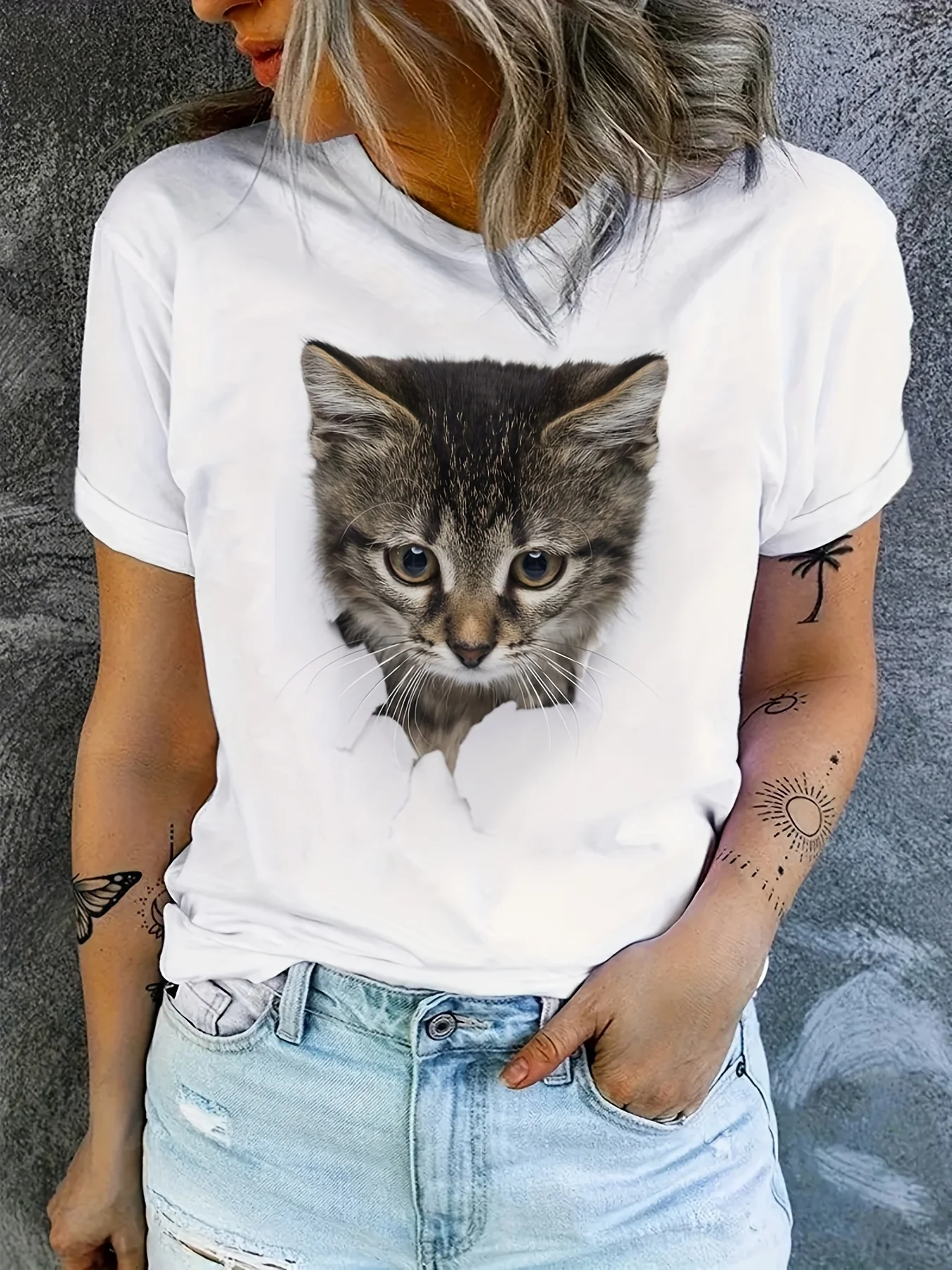 Lässiges Oberteil für jeden Tag, Damenbekleidung, süßes T-Shirt mit Katzenmuster, Rundhals-Kurzarm-T-Shirt