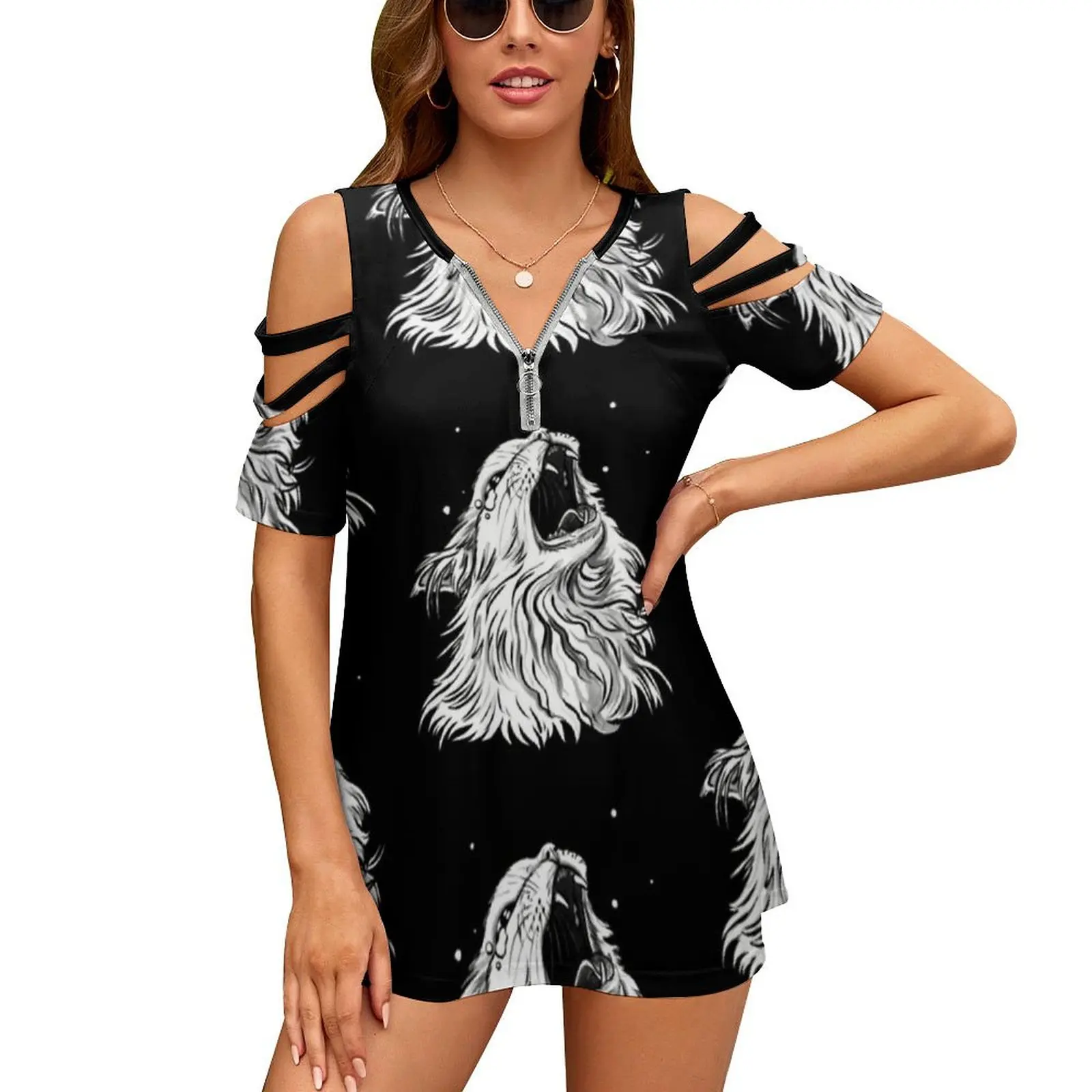 Colors / Black Screaming Thurston Meme Cat Women's T-Shirt New Fashion Printed Zipper V-Neck Short Sleeve T Shirts Casual Plus