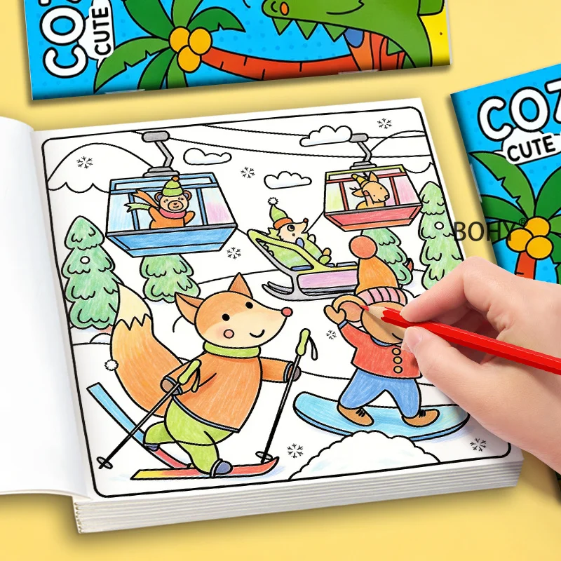 1 Puzzle Coloring Pencil Coloring Brochure, with Animal/food/cartoon Pattern and Other Line Draft Themes, 24 Pages, Good Gift
