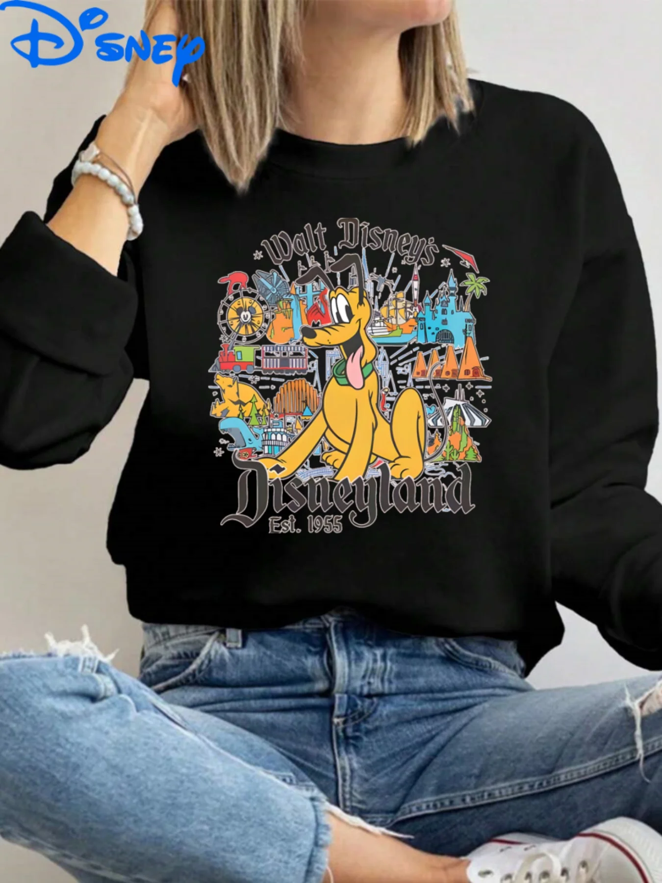 Sweat-shirt à motif Disneyland pour femme – Design rétro de fête d'anniversaire Mickey Mouse (foundé en 1955) – Pull gris à col rond