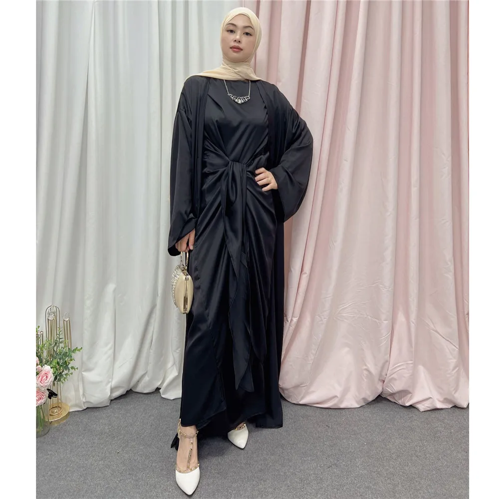 2PCS Eid Ramadan Open Abaya Women Muslim Set Maxi Dress Kimono Jalabiya Islam Kaftan Dubai Turkey Robe Gown Abayas Kebaya Abayas