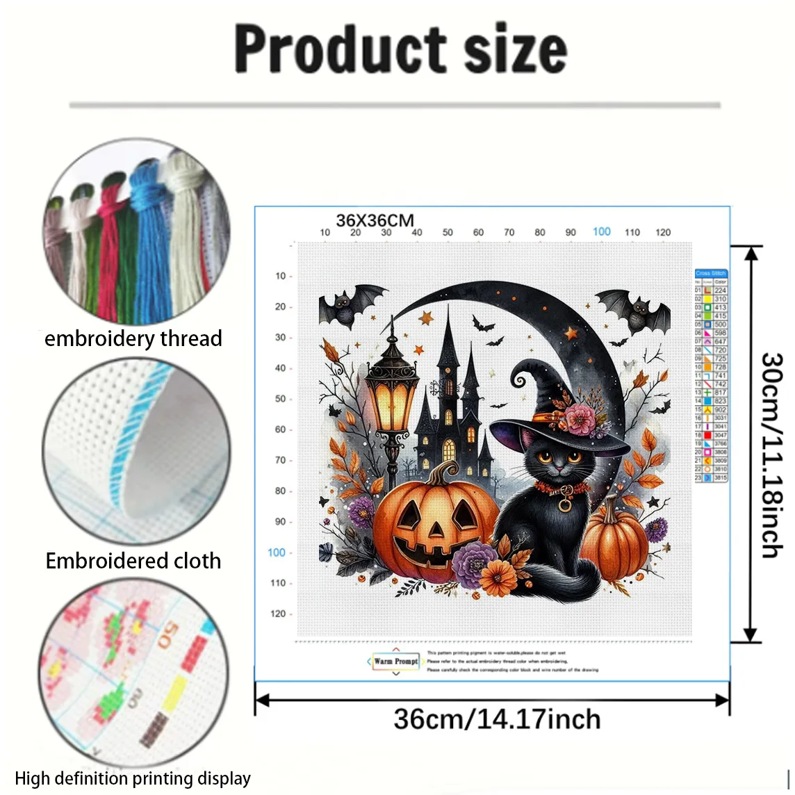 Pumpkin & Witch Cat Cross Stitch Kit DIY 11CT Embroidery Home Wall Decor Gift Handmade Material Frameless Semi-Finished 36×36cm