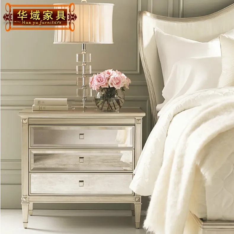 Modern mirror bedside table sofa with simple lockers, integrated bedside storage, American bedside table can be customized.