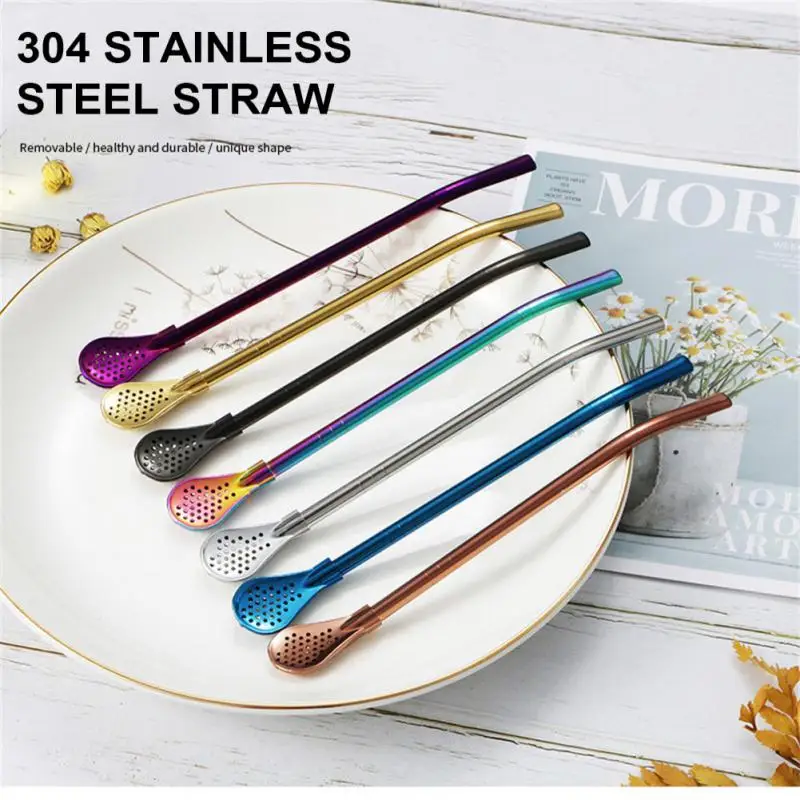 2 In 1 Stainless Steel Drinking Straw Spoon Tea Filter Yerba Mate Tea Straws Bombilla Gourd Reusable Tea Tools Bar Accessories