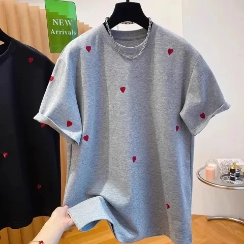 

Elegant Embroidered Short Sleeve T-Shirt Women's Loose Inner Wear Base Shirt Summer Top High Waist Commute Style Korean Version