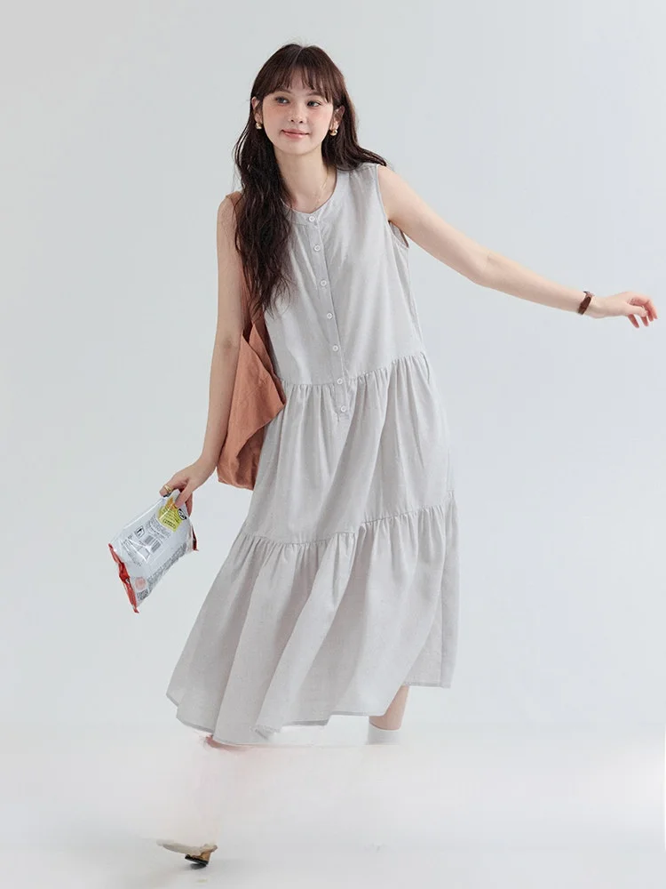 

Original North Island AMUU Summer New Loose A-Line Dress Women's Sleeveless Polka Dot Vest Skirt Korean Style round Neck Button