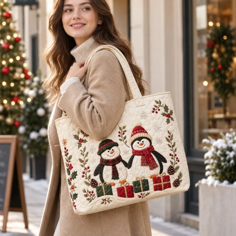 Quilted Design Christmas Handbag Lightweight Family Print Shoulder Handbag Padded Snowman Print Quilted Tote Bag For Women