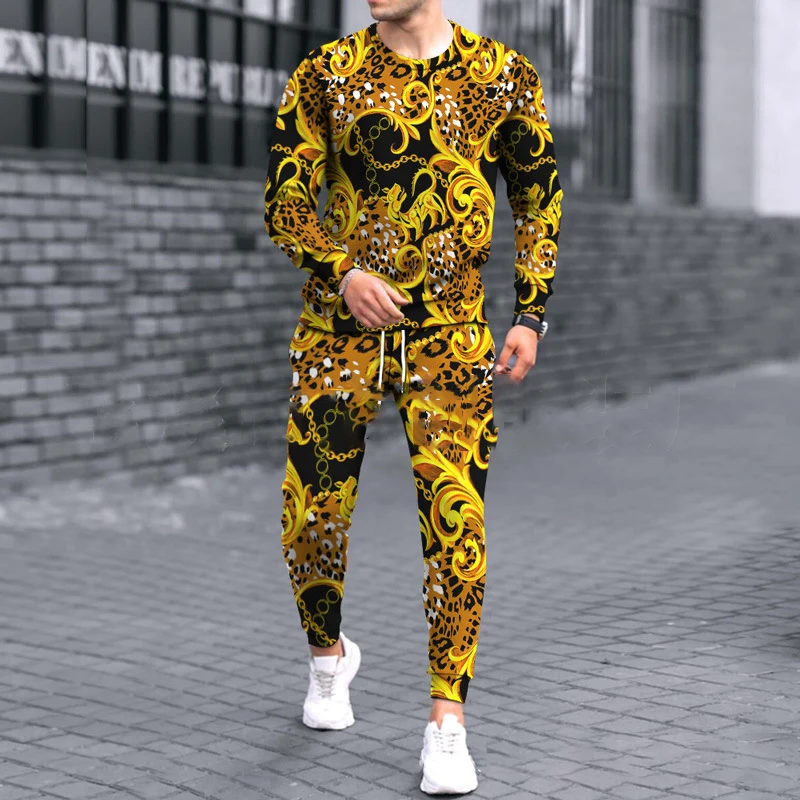 Spring Men 2 Pieces Luxury Long Shirt Trousers Set Leopard Printing Suit Male Fashion Tracksuit Casual Outfit Vintage Clothing