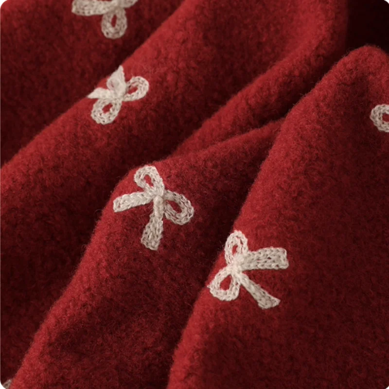 

Bow embroidery Christmas red imitation woolen fabric for autumn and winter coats, skirts children's clothing polyester fabric