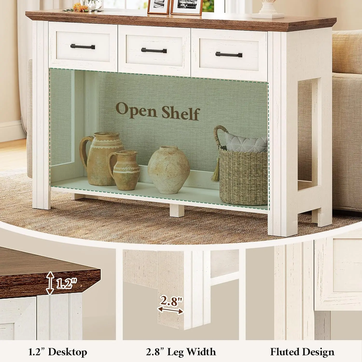 47" Farmhouse Console Table with 3 Drawers & Open Shelf, Rustic Entryway Sofa Table for Living Room & Hallway, Customized image 6