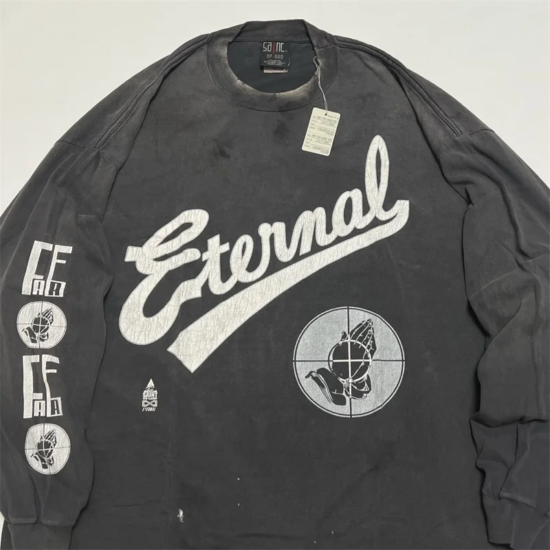 

Промытые черные футболки с длинными рукавами Saint Michael для мужчин и женщин, пуловер большого размера лучшего качества 1:1