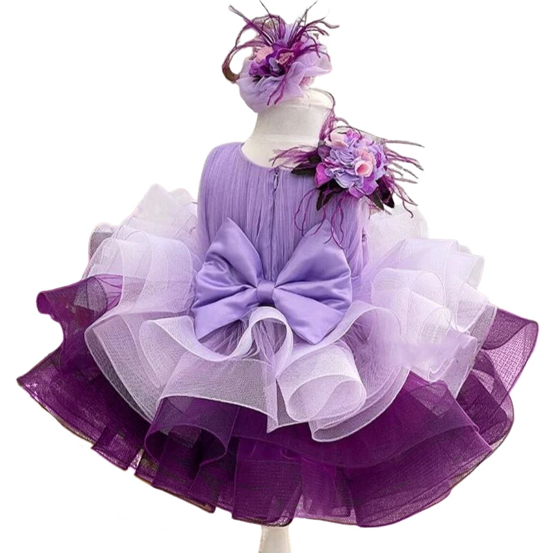 ชุดเดรสเด็กผู้หญิงผ้าโปร่งลายดอกไม้สีม่วงหรูหราสำหรับงานแต่งงานชุดเดรสปาร์ตี้คริสต์มาสชุดพิธีชุดประกวดสำหรับเด็กอายุ1-14ปี