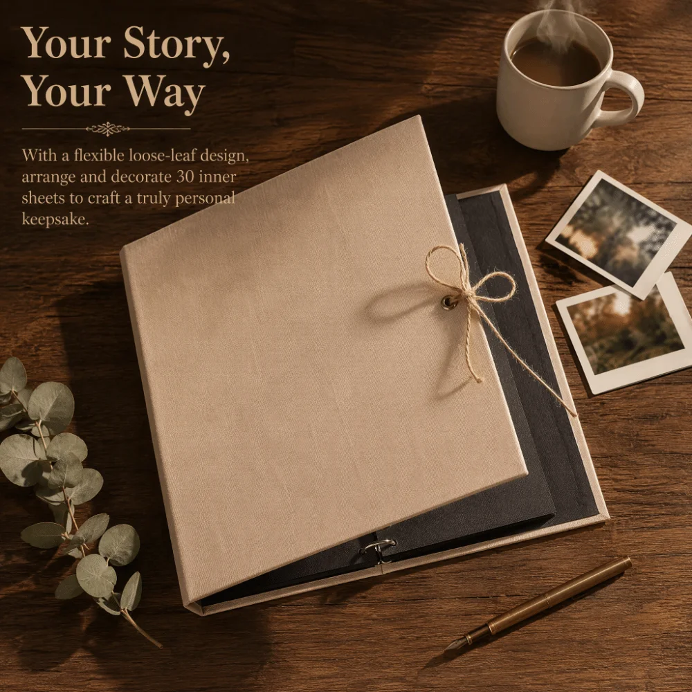 10.43x8.27in DIY Scrapbook Album 30 Pages Linen Texture Loose Leaf Photo Book Large Size Rope Strap Binding
