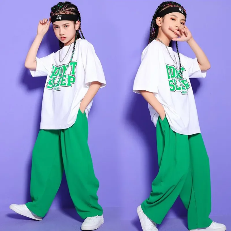 Costume de danse jazz pour filles et garçons, vêtements de spectacle pour enfants, t-shirt blanc, vêtements de rue, pantalons de survêtement verts, vêtements hip hop, haut