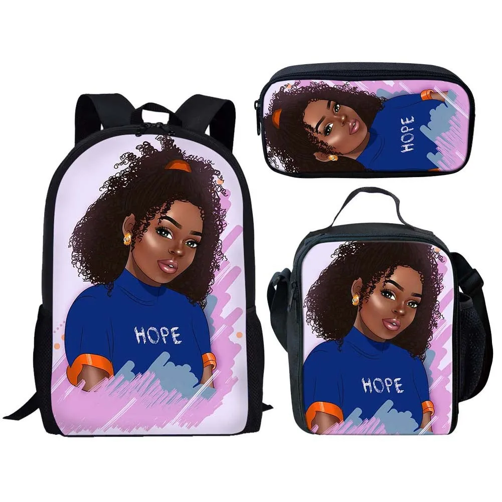 

Classic Popular New black African Girls 3D Printed 3pcs/Set Student School Bags Laptop Daypack Backpack Lunch bag Pencil Case