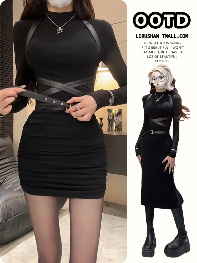 MiiiiX Sexy Hot Girl Long-sleeved Sheath Dress Women's 2024 Autumn Fashion Slim Half High Collar Dress with Belt Female Clothes