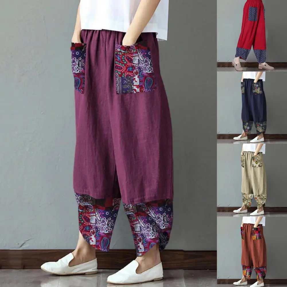 Vintage Printed Harem Pants Women Trousers Casual Elastic Waist Cotton Linen Wide Leg Pants Loose Summer Plus Size Pant