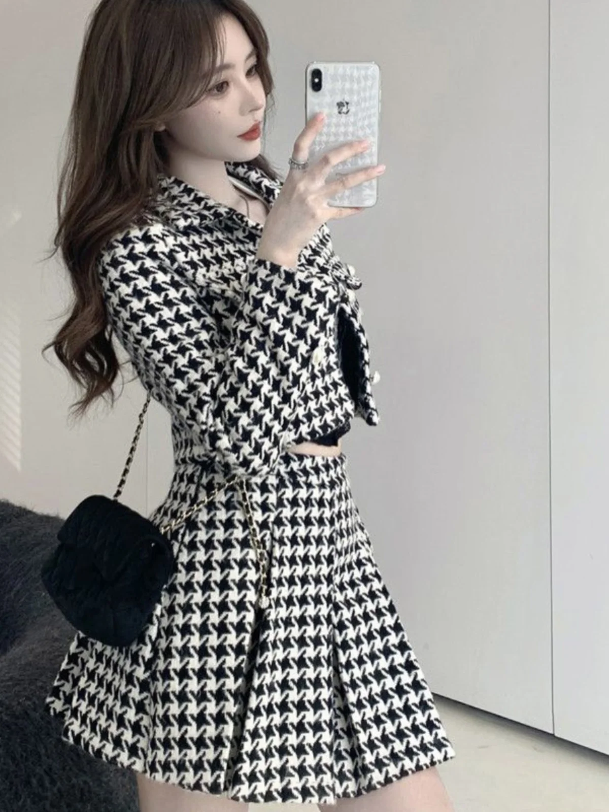 2024 Nuovo Sle ort Cappotto E Gonna Set da Donna a Vita Alta Plaid di Lana Dimagrante Faion Autunno Inverno Vestito a Due Pezzi