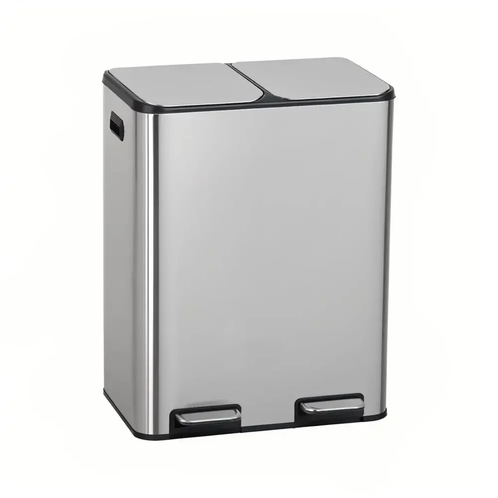 

60 Liter Dual Compartment Stainless Steel Trash Can with Step-On Lid for Kitchen and Living Room