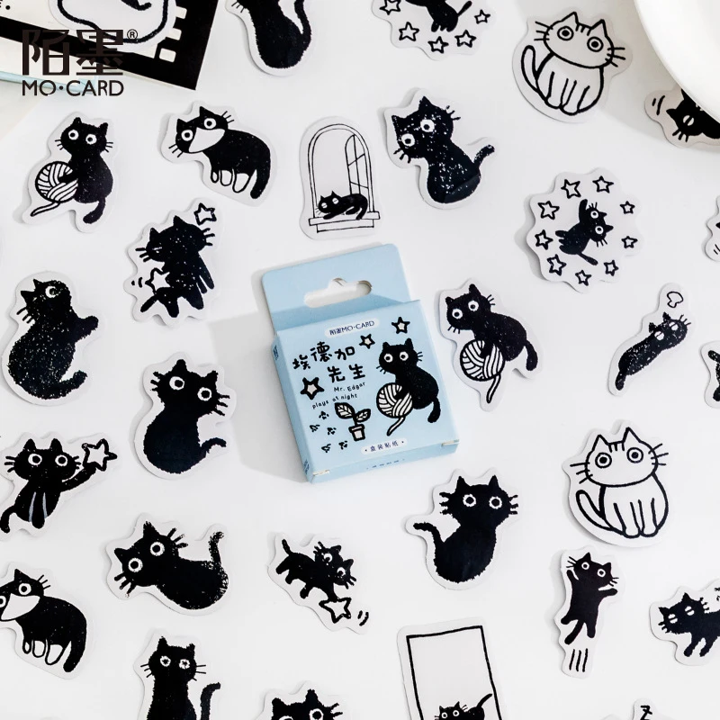 1box/45pcs Lazy Black Cat Stickers Cute Kitten Prints for Journal Kaka Card DIY Crafts view 2