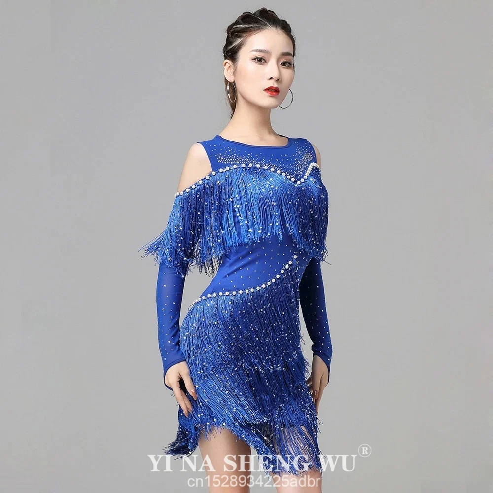 

Эластичное платье на бретельках для сальсы и самбы для девочек, платье с открытыми плечами и длинными рукавами, бахрома, костюм для соревнований, сексуальные цельные платья для латинских танцев