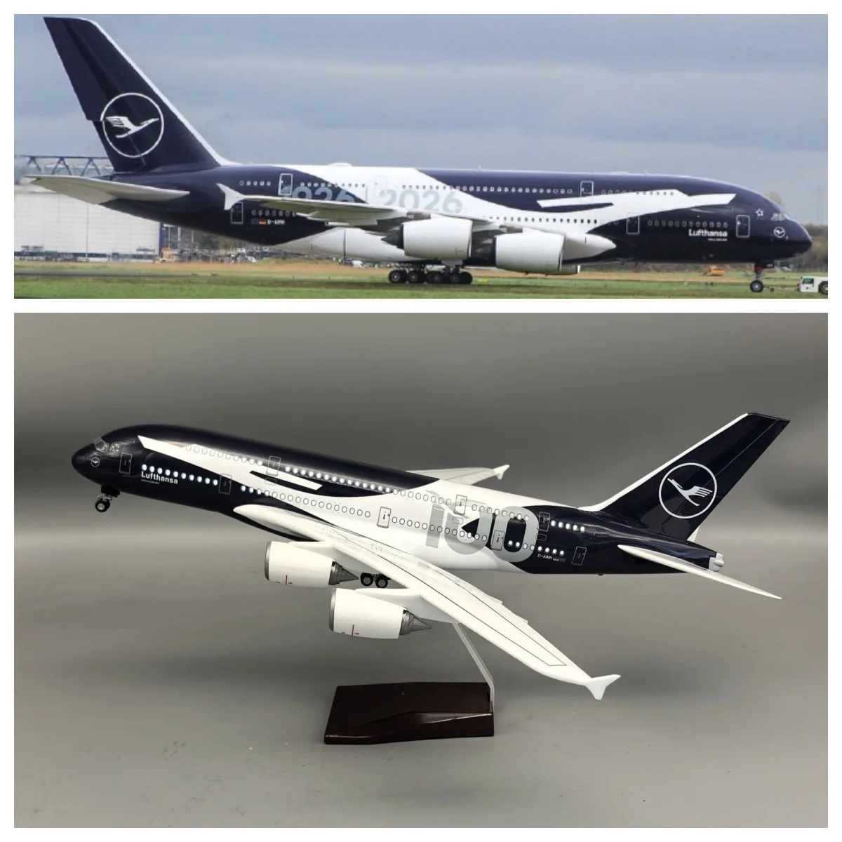 NOUVEAU Modèle d'avion miniature Lufthansa A380 de 46 cm, 100 ans, objet de collection, résine, avec roues, commande vocale, souvenir