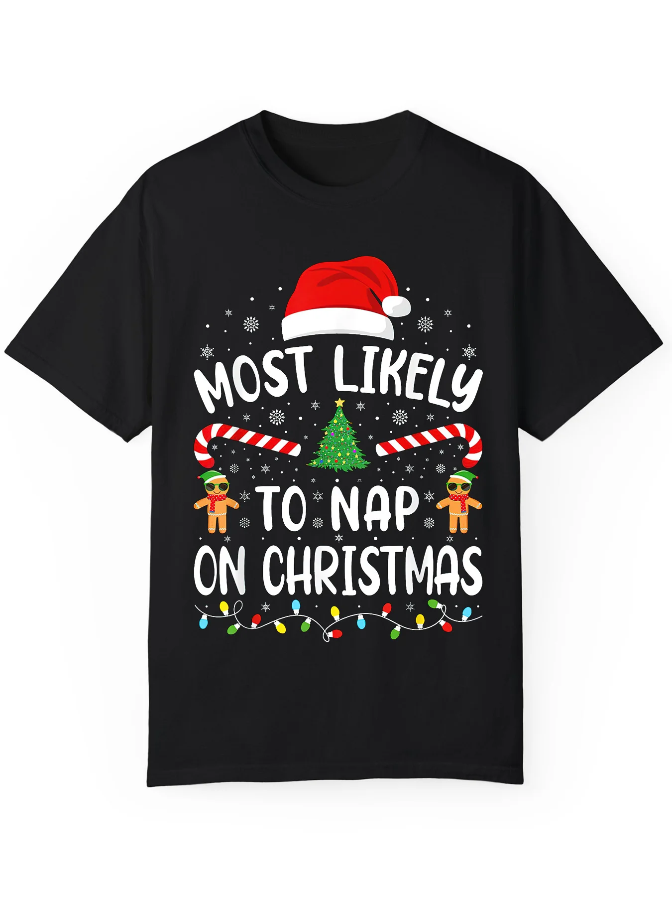 Women's Fun Christmas T-Shirt - "Most Likely to Nap at Christmas" Slogan with Christmas Hats, Snowflakes, Candy Canes and