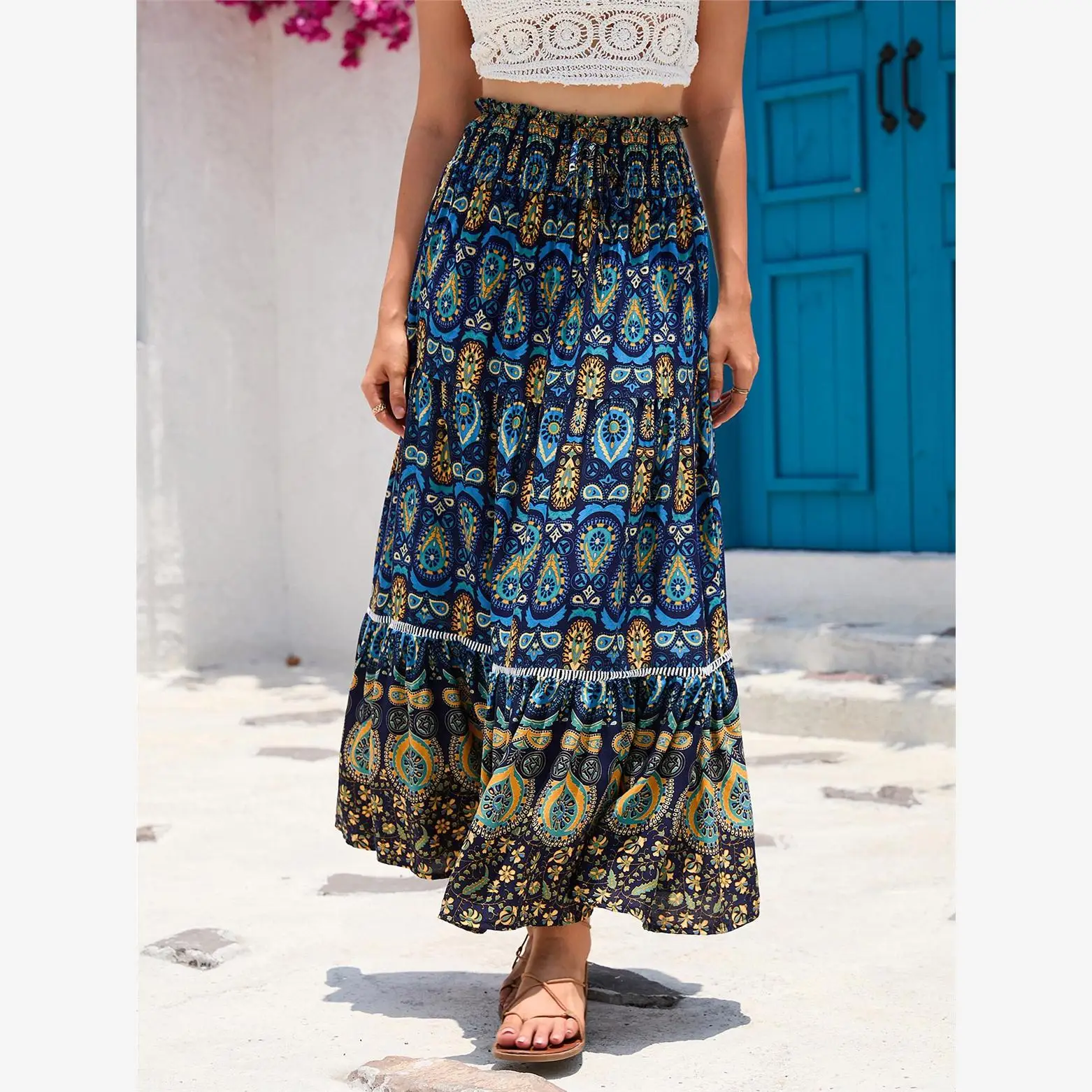 Retro Print n Holiday Sle High Waist Beach Skirt Midi Cotton Silk f Skirt Summer Women's A-Line Sweet Sle