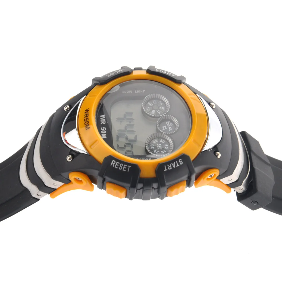 Yellow LED Digital Watch Alike A5106 50M Waterproof Stainless Steel Back Case Adjustable Rubber Band Alarm Hourly Chime