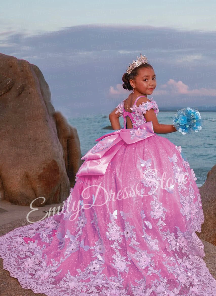 

Customized Pink Flower Girl Dress For Wedding Tulle Applqique Puffy With Tail Bow Princess Kids Birthday First Communion Gown