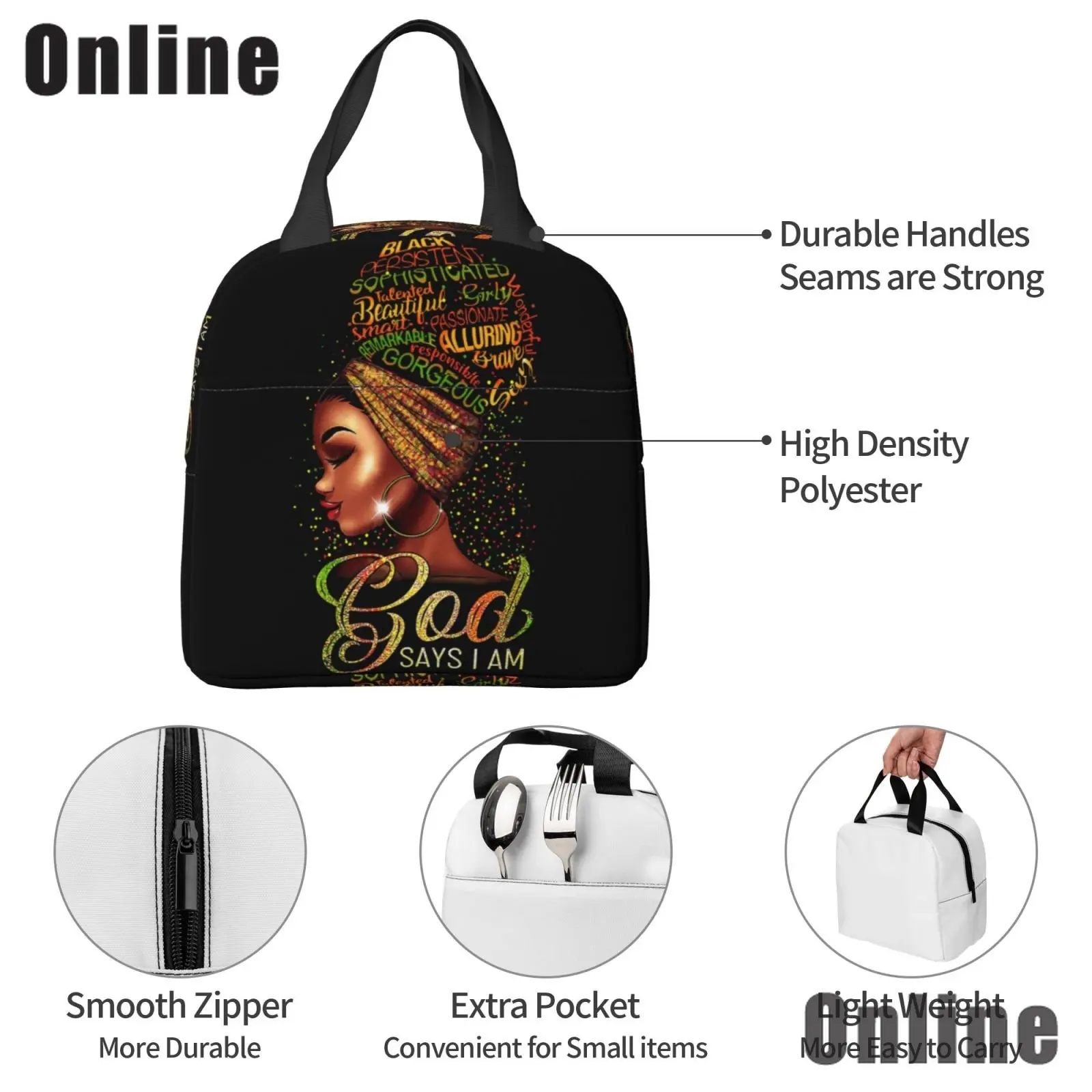 Black Queen African American Girl Lunch Bag Tote Meal Bag Reusable Insulated Portable Afro Black Girl Lunch Box Handbags Women
