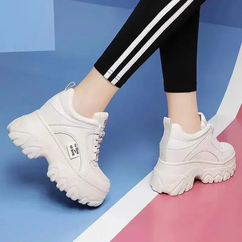 Women Chunky Wedges Vulcanized Shoes Korean Style Lace-up Round Toe Trainers Casual Comfortable Sneakers Sapatos Feminino