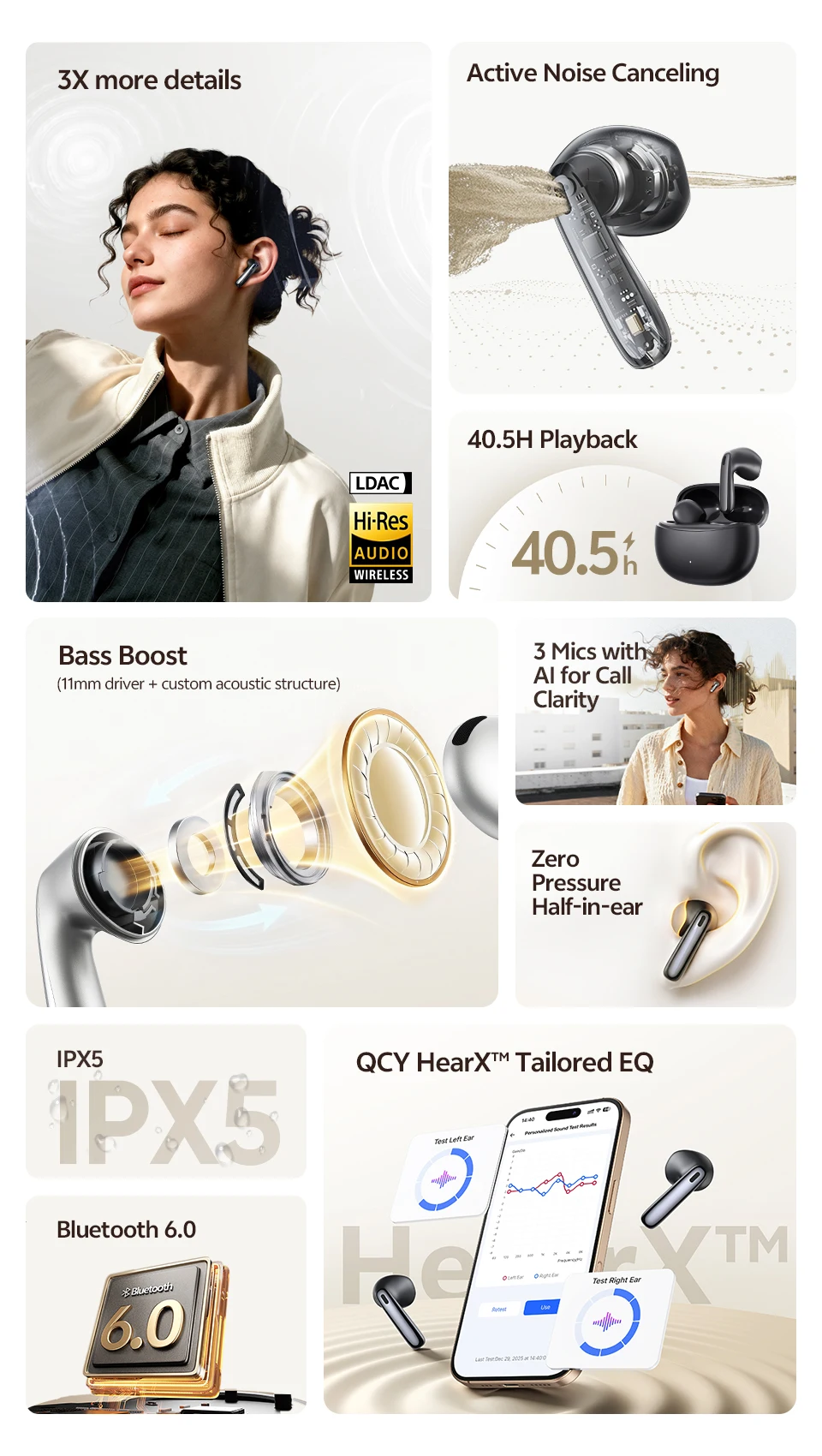 QCY AilyBuds E50 Kabelloses Ohrhörer BH25HT11A Echtzeit-Adaptive ANC Bluetooth 6.0 Ohrhörer LDAC Hi-Res 6 Mikrofone Multipoint-Verbindung – Detail 2