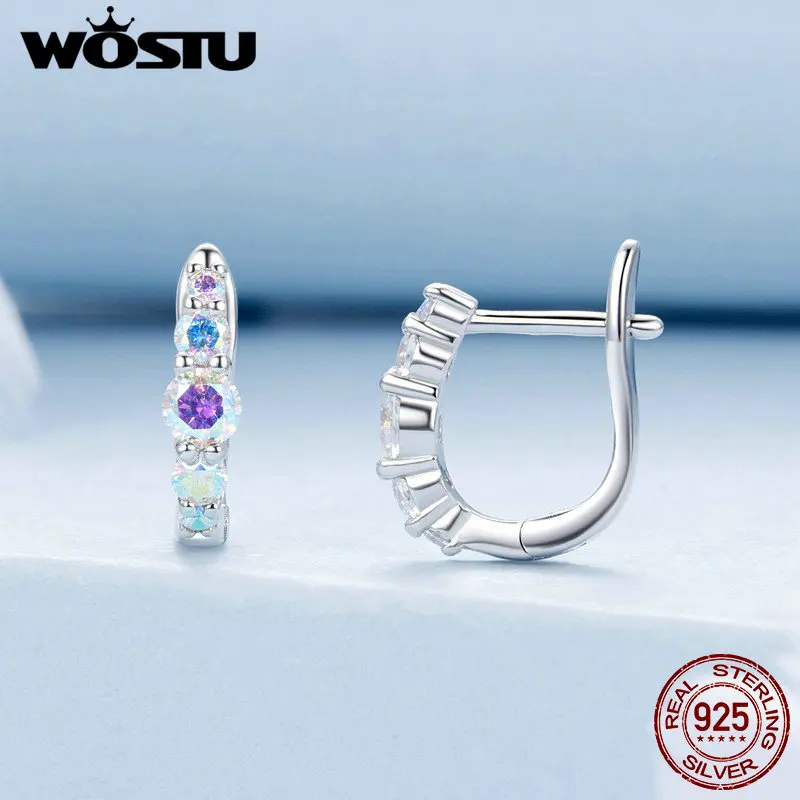 WOSTU 925 Sterling Silver arcobaleno zirconi fibbie per le orecchie 5 pietre orecchini a cerchio di dimensioni sfumate originali per le donne regali