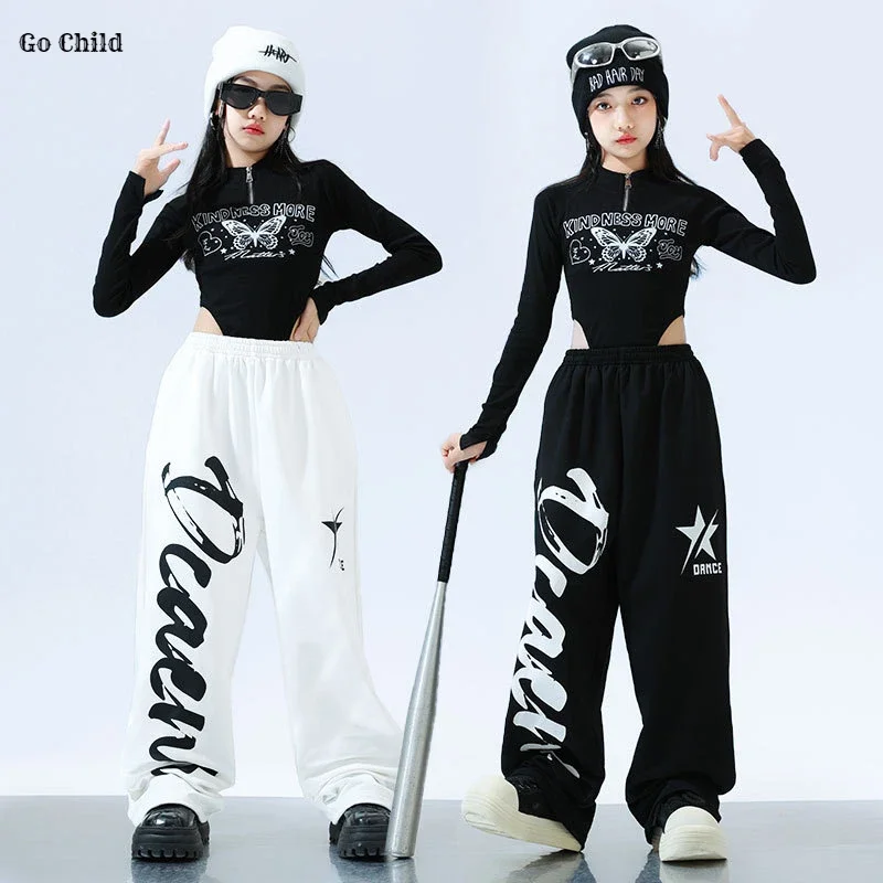 Girl Hip Hop Crop Top Letter Cargo Pants Children Stage Costumes Kids Streetwear Jazz K-pop Street Dance Girl Group Clothes Sets