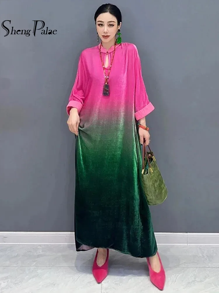 SHENGPALAE Gradient Color Velvet Dress For Women Elegance Loose Tie Dye Chic A-line Vestido Female Spring 2024 New Trendy 5R9027