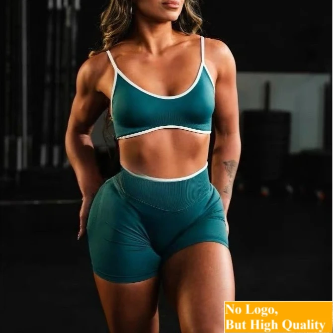 NO LOGO Woman 2PC Yoga Suit Color Blocking Sports Bra+High Waist Shorts pants Outside Wear Running Exercise Fitness Yoga Set