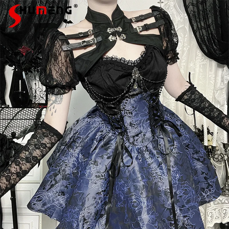 

Japanese Rojita Gothic Style Lace Strap Dress For Women's Dark Style Streetwear Fashion Lolita Strap Sleeveless Dresses Ladies