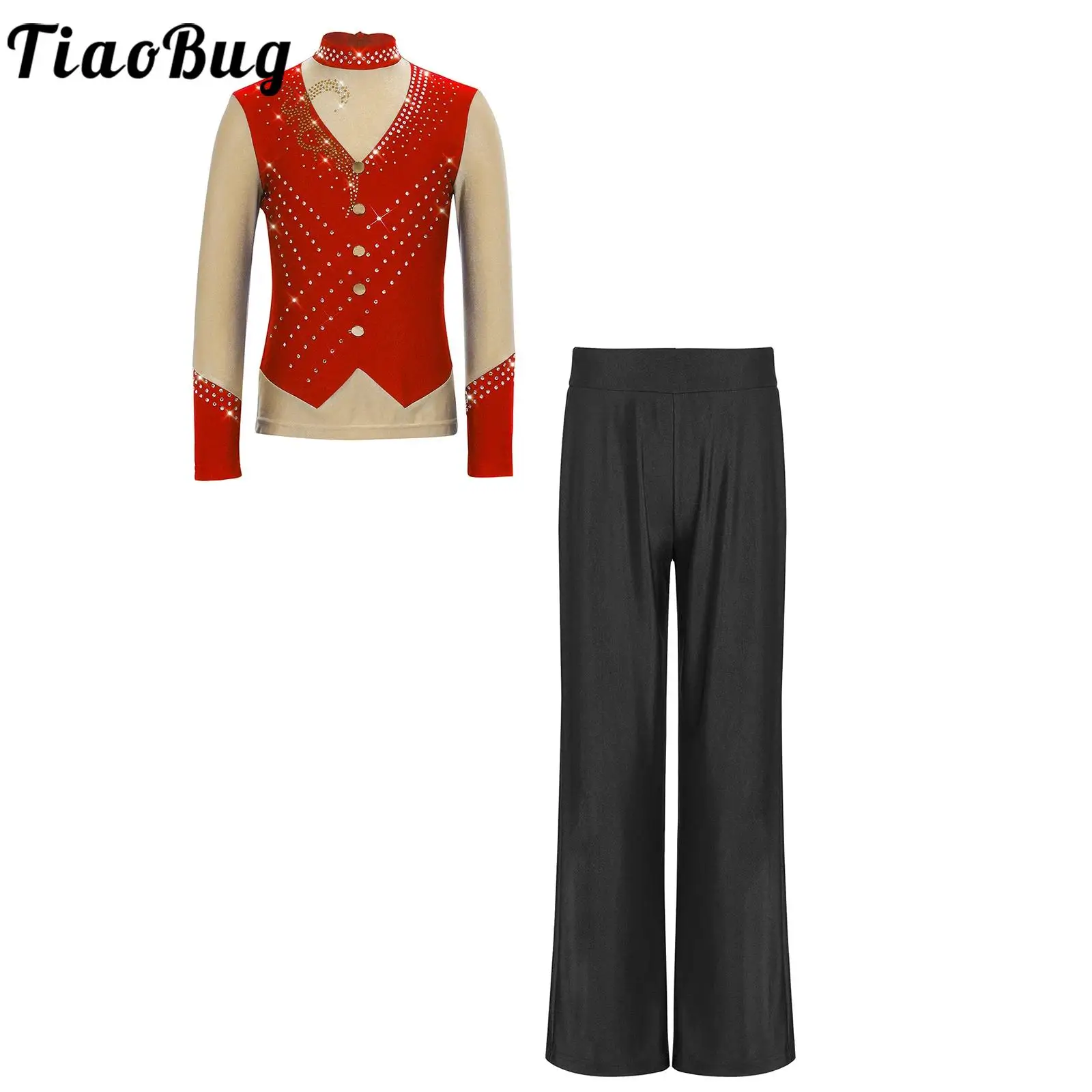 

Kids Boys Girls Ice Figure Skating Performance Costumes Outfit Sparkly Rhinestones Long Sleeve Zipper Top with Pants Jazz Sets