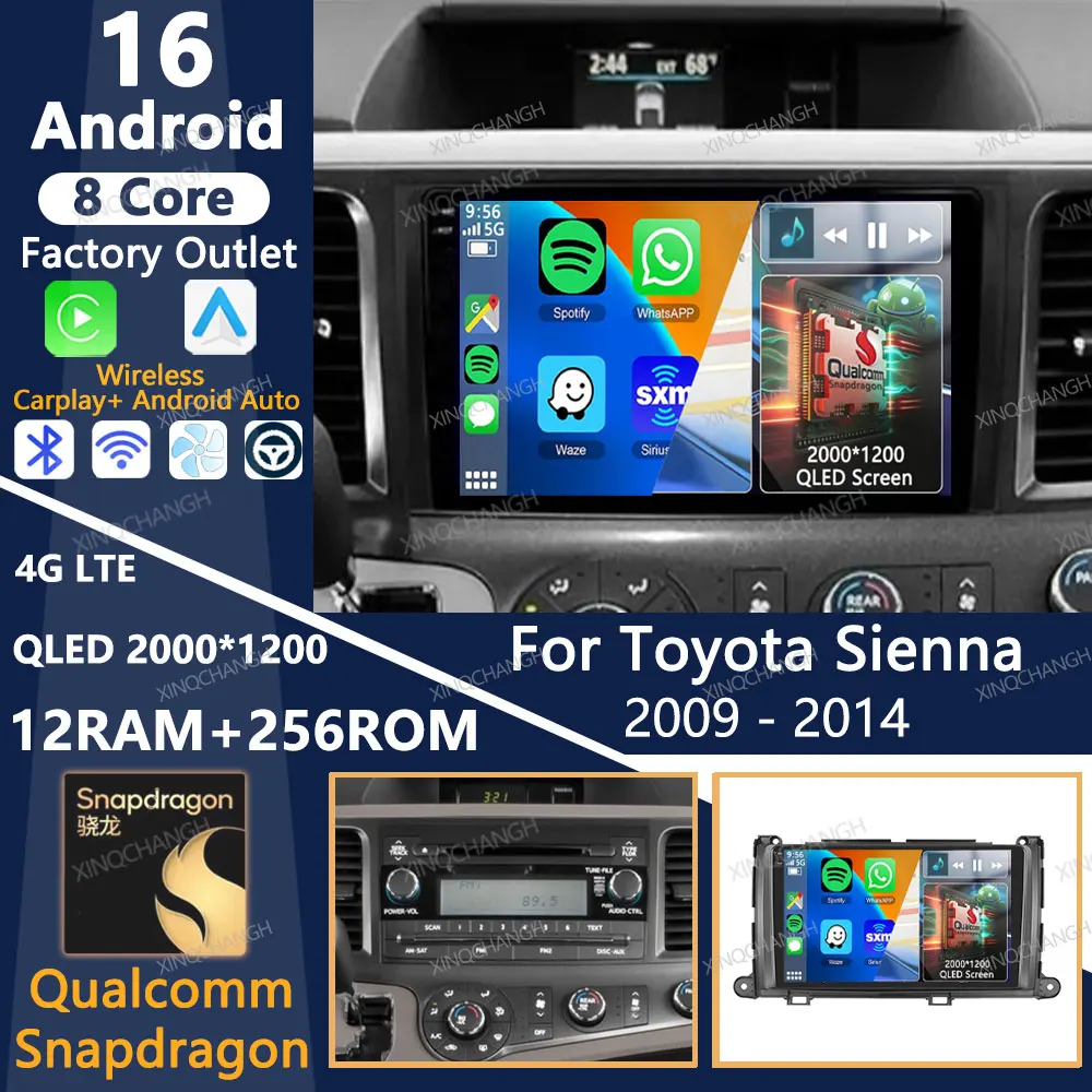 Radio para Auto Android 16 para Toyota Sienna 2009-2014, Carplay, Unidad Principal QLED, 4G LTE, 5G WIFI, Reproductor Multimedia Qualcomm con Video