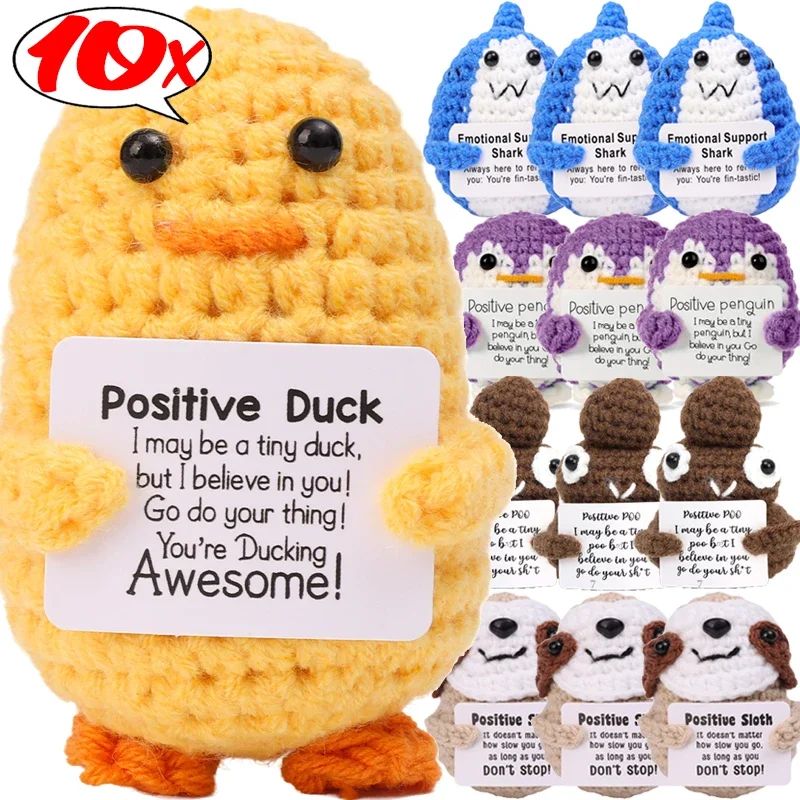 Positive Crochet Doll with Positive Energy Card Positive Energy Duck Shark Handmade Creative Ornaments DIY Birthday Gift Decor