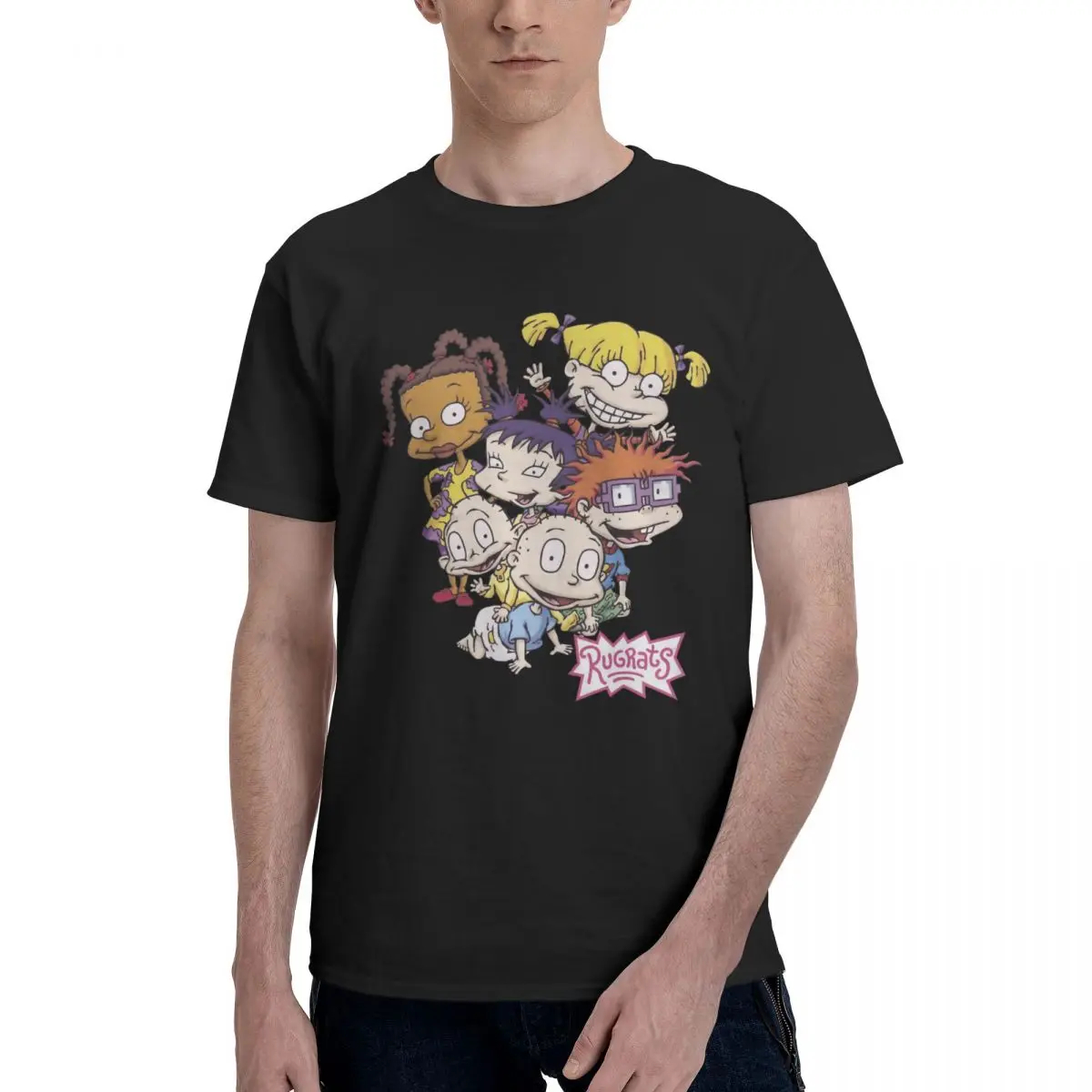 Rugrats Pile Up Distressed Group Shot Men's Basic Short Sleeve T-Shirt Black Round Neck Short Sleeve