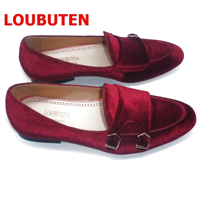 LOUBUTEN New Fashion Wine-red Velvet Shoes Luxury Monk Strap Loafers Shoes For Men Dress Shoes Party And Prom Shoes