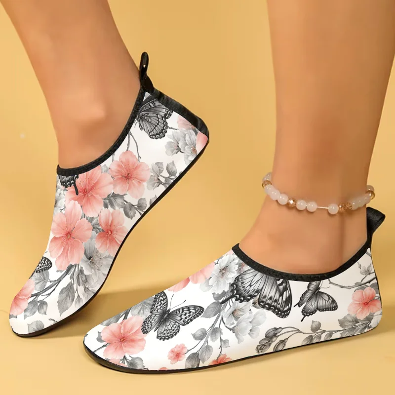 1 Pair Womens Butterfly Floral Slides, Non-slip Soft Breathable Sandals, Sweet Lightweight Water Shoes for Summer Beach