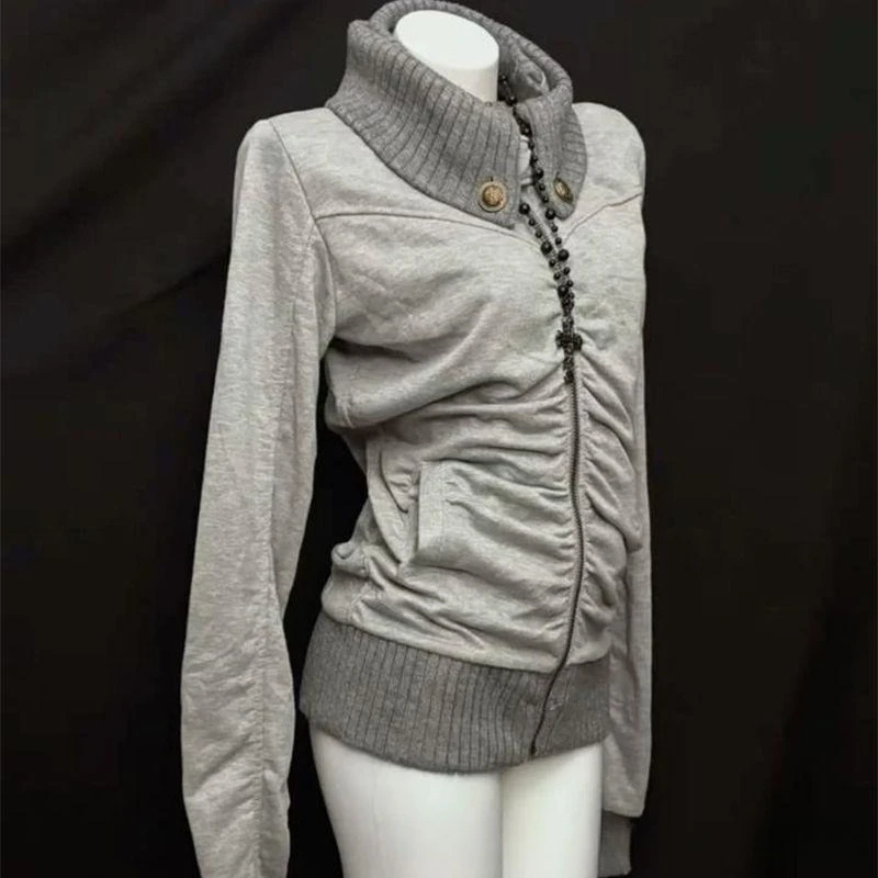 Sudadera con capucha estilo callejero americano Retro plisada con cuello alto y cremallera para mujer, sudadera gris de gran tamaño con puños acanalados, chaqueta estilo Y2K