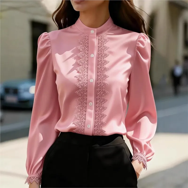 

Women Ruffles Shirt Tops 2026 Autumn Long Sleeve Single Breasted Lace Patchwork Solid color Blouses Office Ladies Business